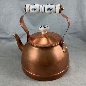 Vtg Copper Kettle Ceramic White Blue Porcelain Handle